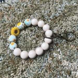 Sunflower Teal, Yellow & Cream Keychain Bracelet Wristlet Silicone Beaded Brassy